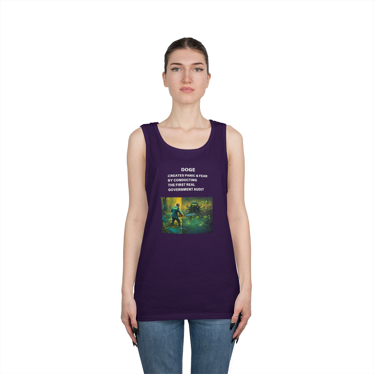 DOGE Panic in DC! Themed Unisex Heavy Cotton Tank Top – Perfect for Casual Wear and Summer Events