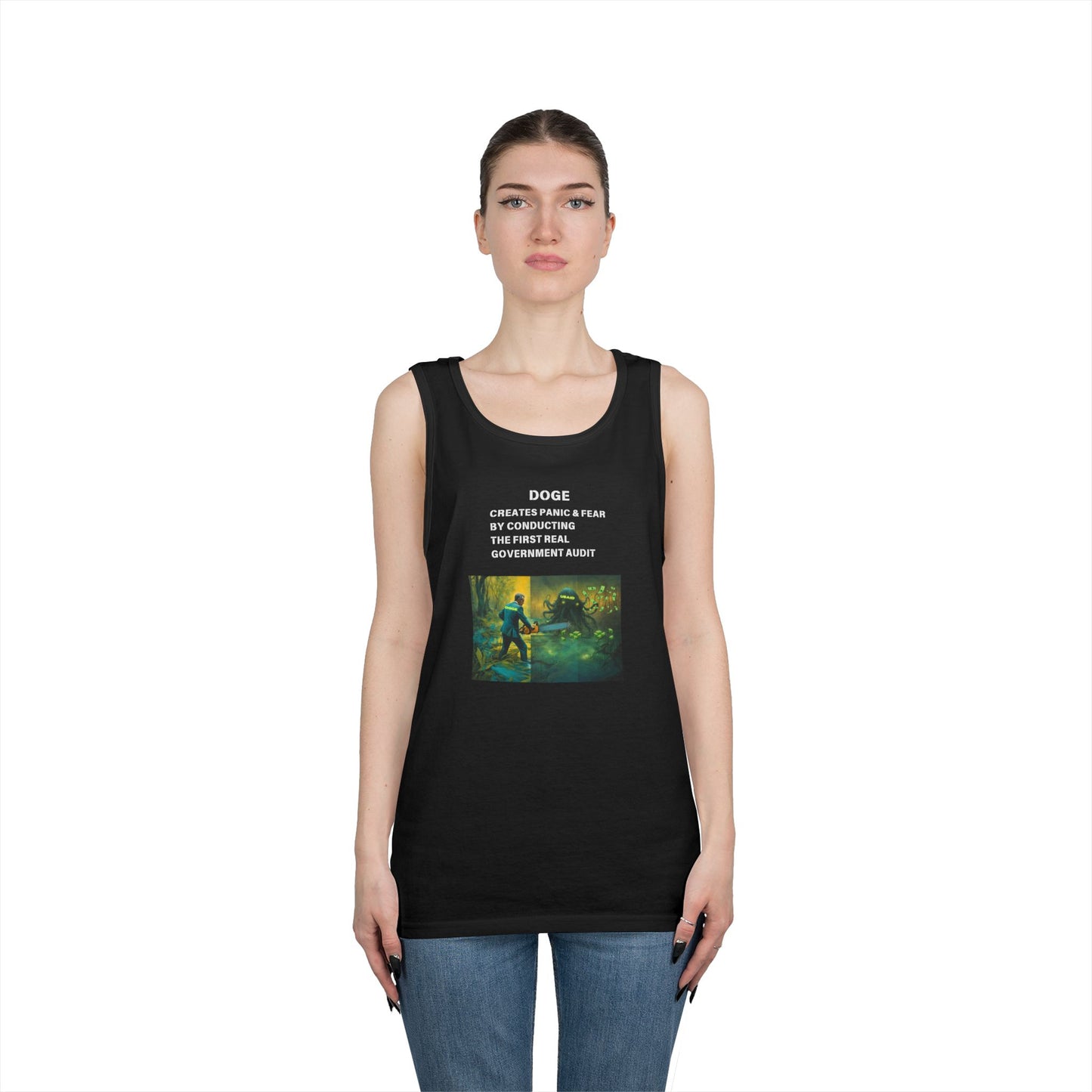 DOGE Panic in DC! Themed Unisex Heavy Cotton Tank Top – Perfect for Casual Wear and Summer Events