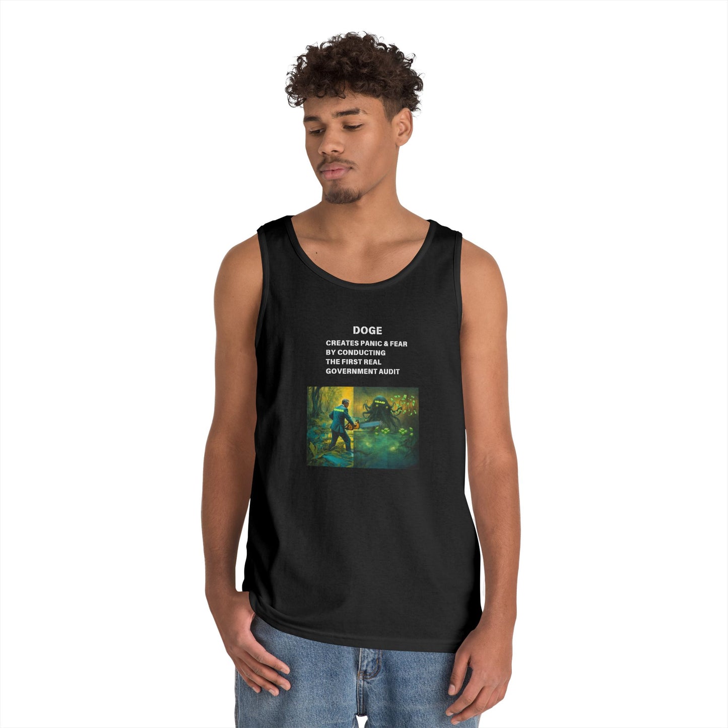 DOGE Panic in DC! Themed Unisex Heavy Cotton Tank Top – Perfect for Casual Wear and Summer Events