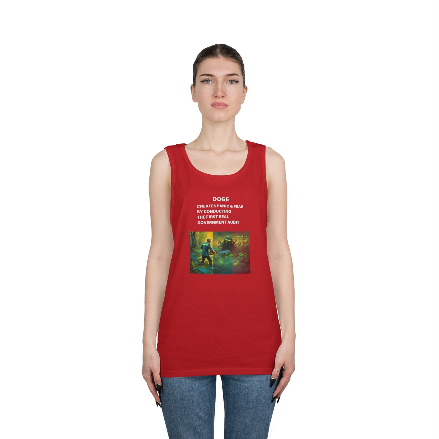 DOGE Panic in DC! Themed Unisex Heavy Cotton Tank Top – Perfect for Casual Wear and Summer Events