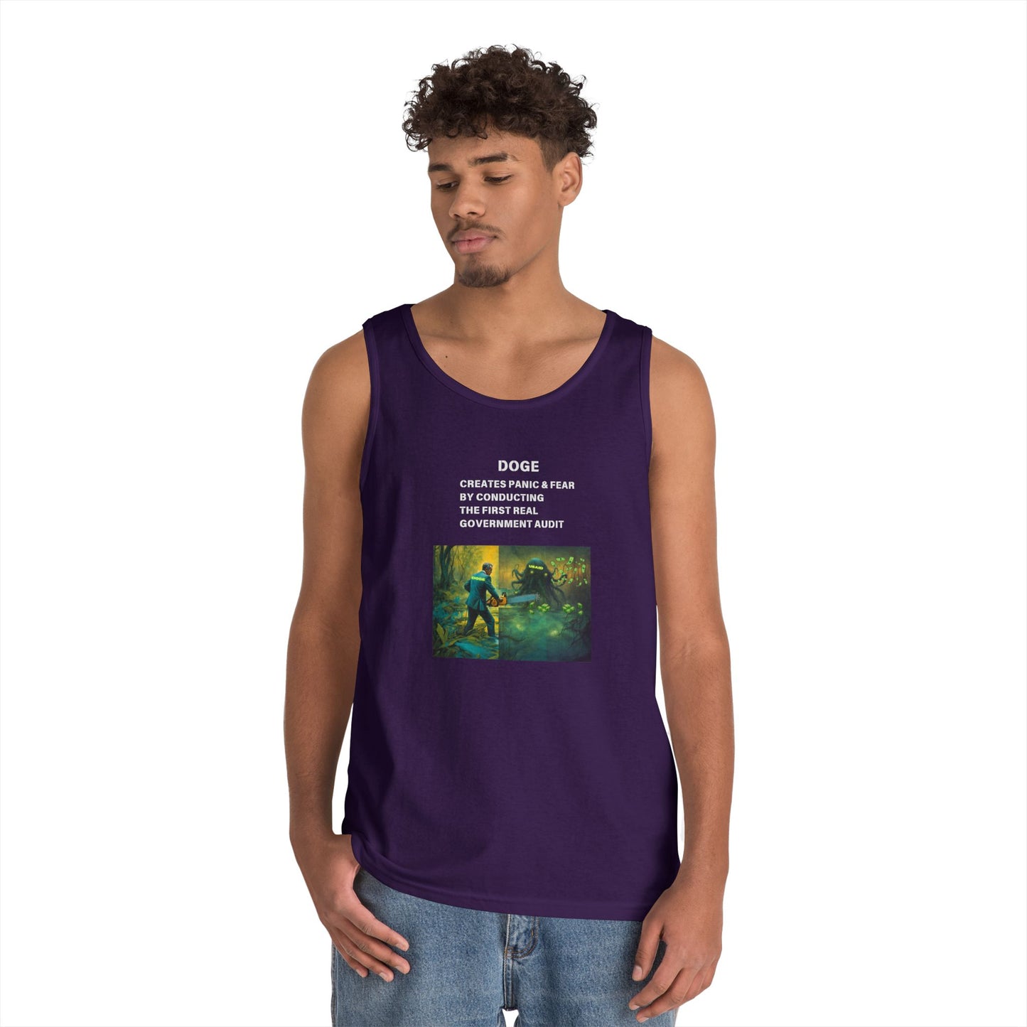 DOGE Panic in DC! Themed Unisex Heavy Cotton Tank Top – Perfect for Casual Wear and Summer Events