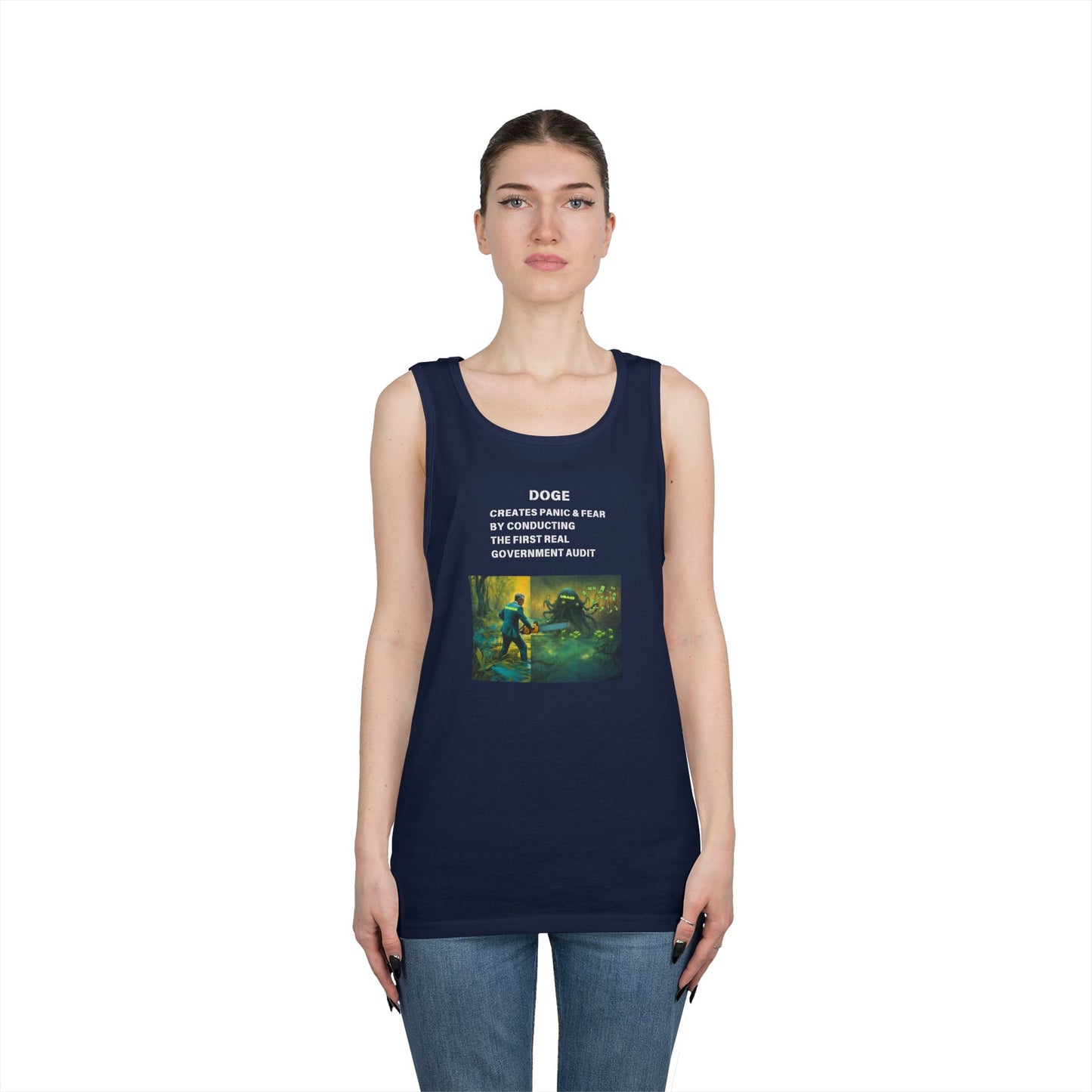 DOGE Panic in DC! Themed Unisex Heavy Cotton Tank Top – Perfect for Casual Wear and Summer Events