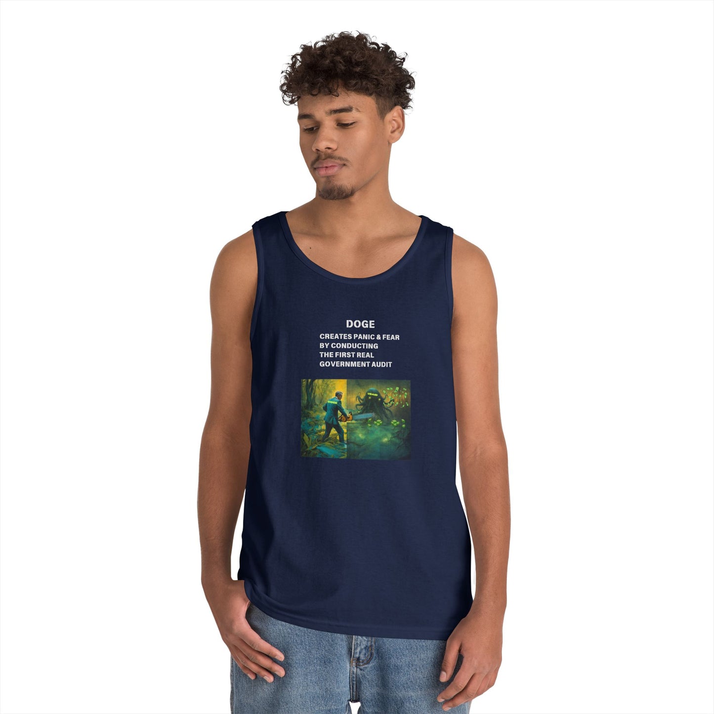 DOGE Panic in DC! Themed Unisex Heavy Cotton Tank Top – Perfect for Casual Wear and Summer Events